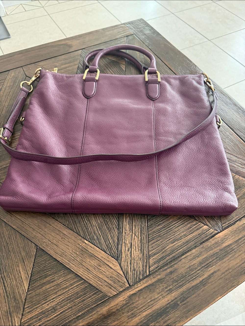 G.I.L.I. Pebbled Leather Convertible Satchel Plum Purple Goldtone Large Bag